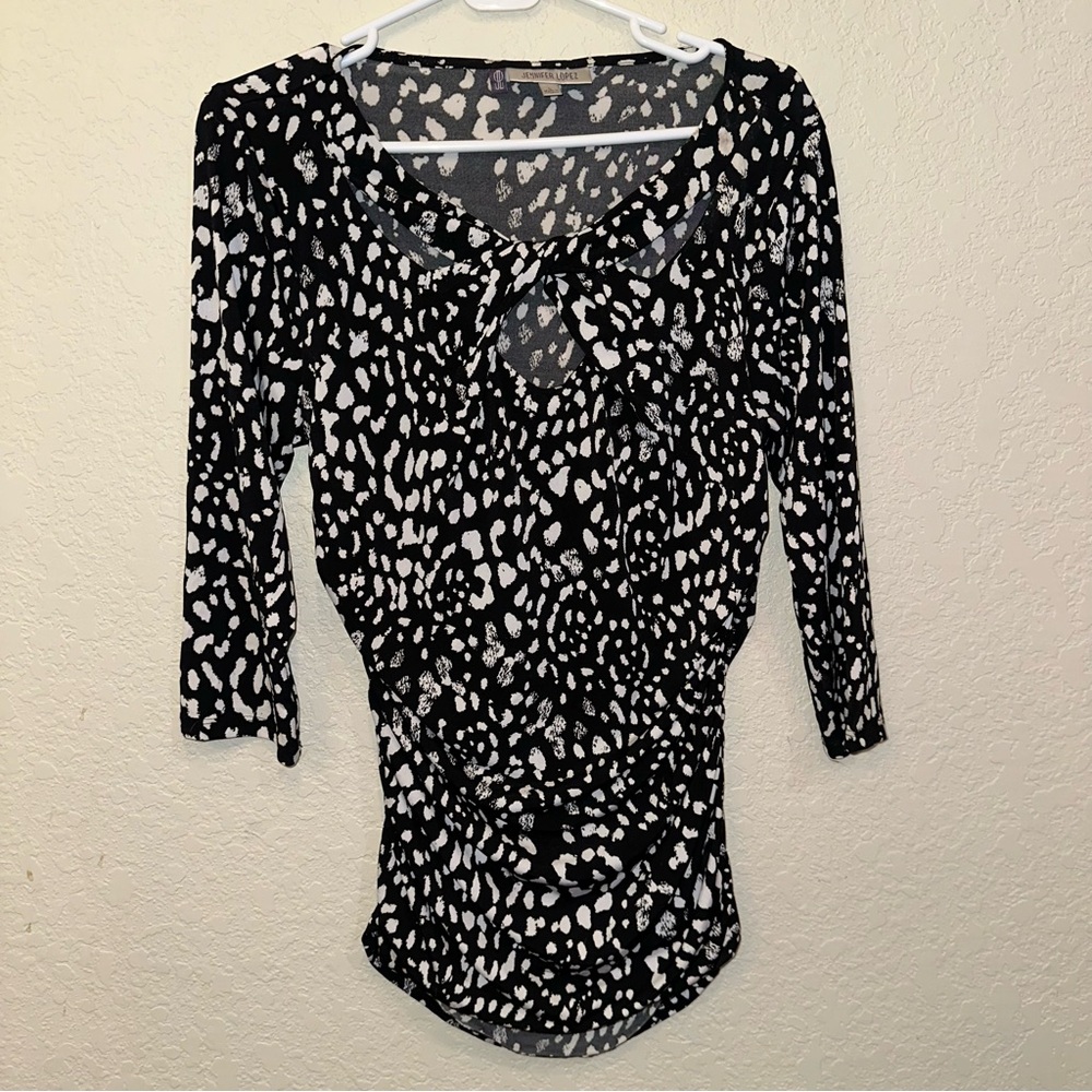 Jennifer Lopez Large Black & White Cross Neck Ruched Knit Business Casual Blouse - Picture 2 of 6